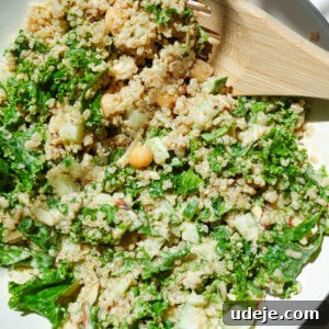 Quick Plant-Based Chickpea Quinoa Bowl 9 Chickpea quinoa salad with lemon tahini dressing in a white bowl