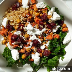 Vibrant Sweet Potato Kale Quinoa Salad 7 fall quinoa salad with sweet potatoes, kale, chickpeas, cranberries, pumpkin seeds, and vegan feta