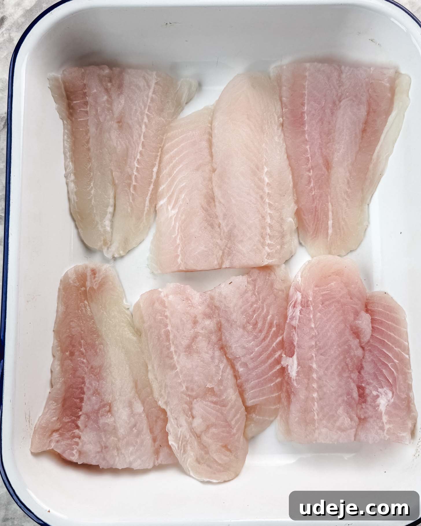 Samke Harra: Lebanon's Signature Spicy Fish 4 Six pieces of white fish in a white baking dish with a blue rim.