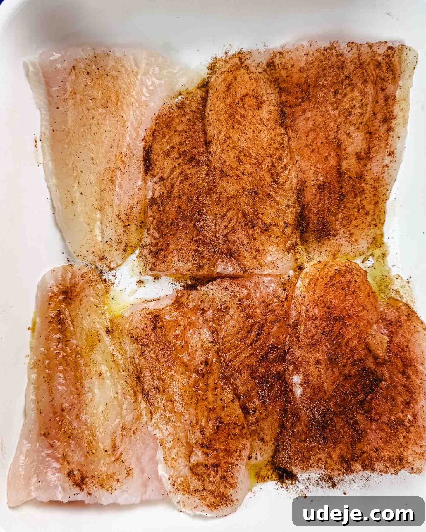 Samke Harra: Lebanon's Signature Spicy Fish 5 Six white pieces of fish in a white baking dish with an orange hued spice mix on top.