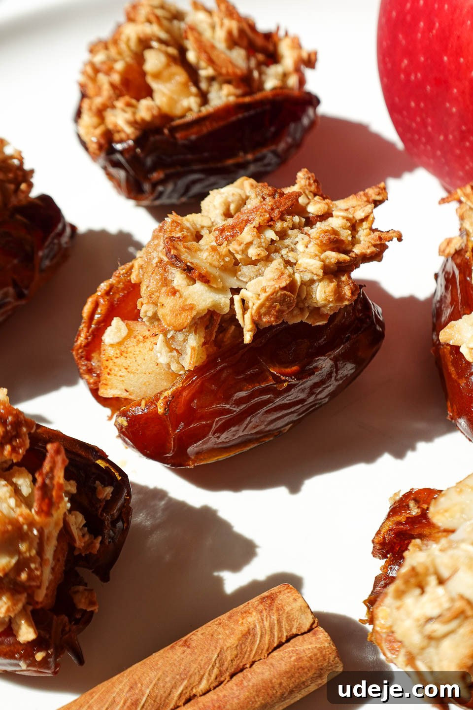 Golden Apple Crisp Date Bites 6 Close-up of a stuffed date showing warm apple filling and crunchy oat topping, perfectly air-fried.