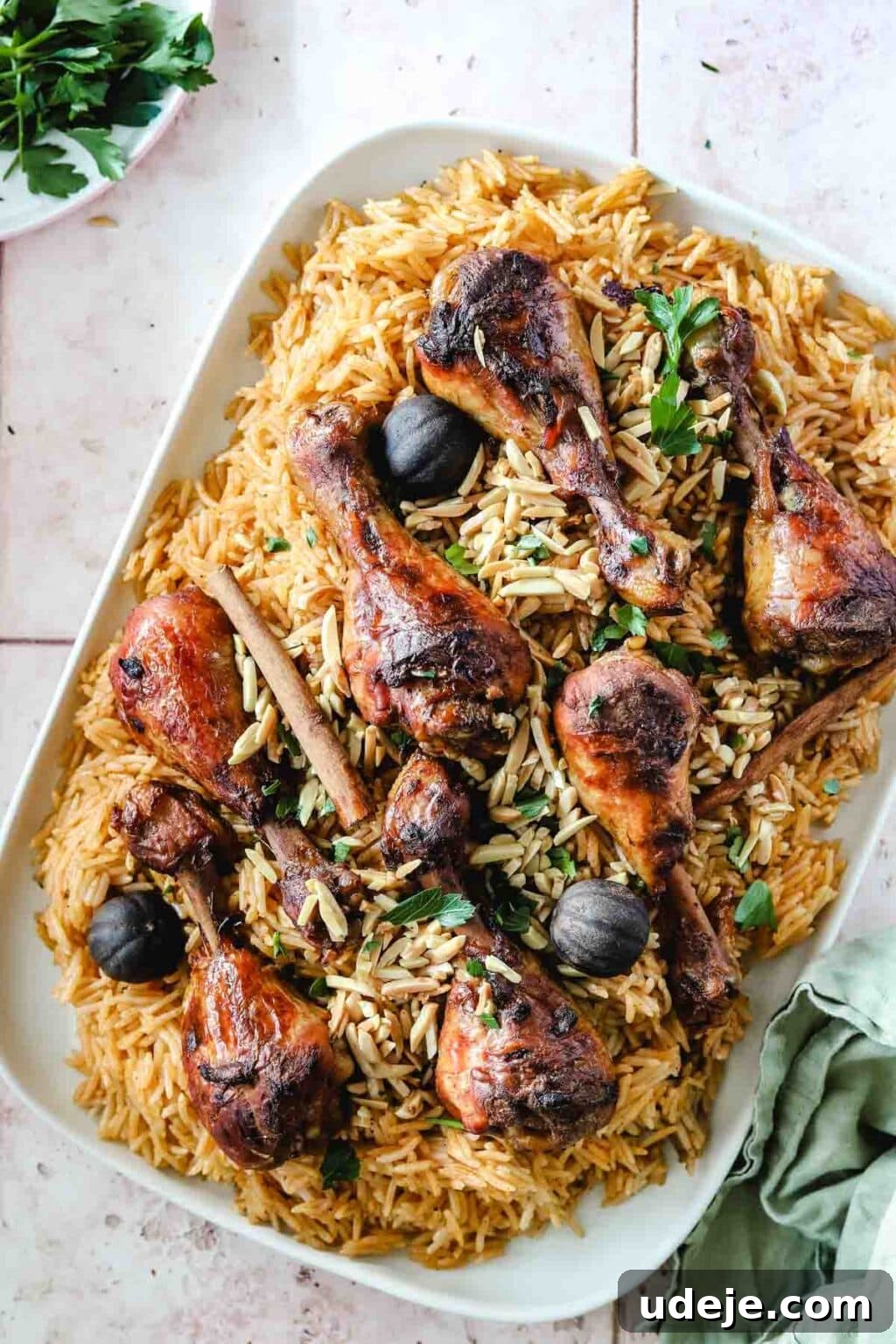Machboos and Kabsa Aromatic Chicken and Rice 2 Chicken Machboos on a white rectangular platter with some parsley on top and in a white plate in the top corner with a green tea towel on a light coloured tiled