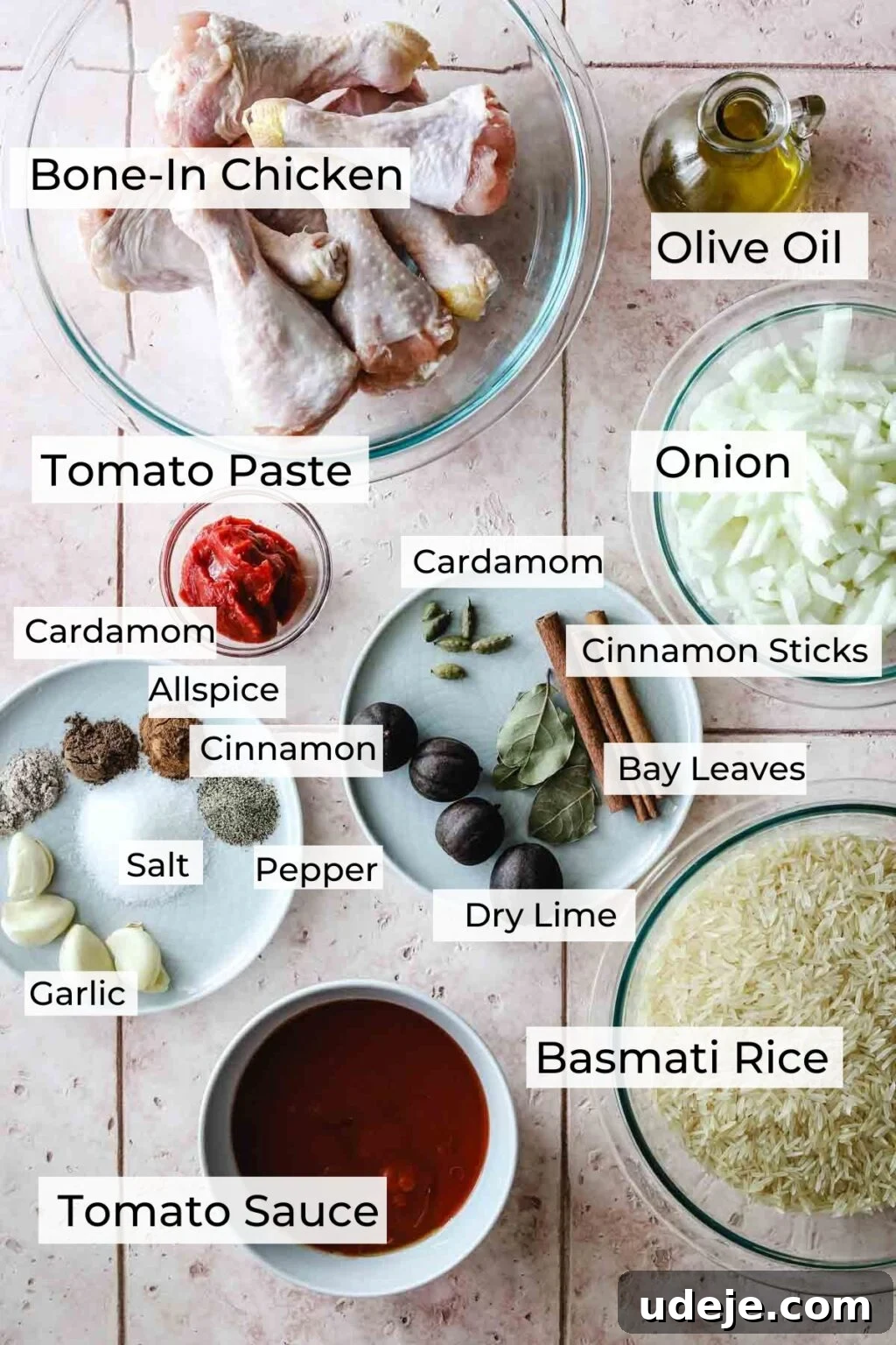 Machboos and Kabsa Aromatic Chicken and Rice 4 chicken machboos ingredients including chicken drumsticks, chopped onions, olive oil, tomato sauce, basmati rice, spices, cinnamon sticks, dry limes, bay leaves and cardamom.