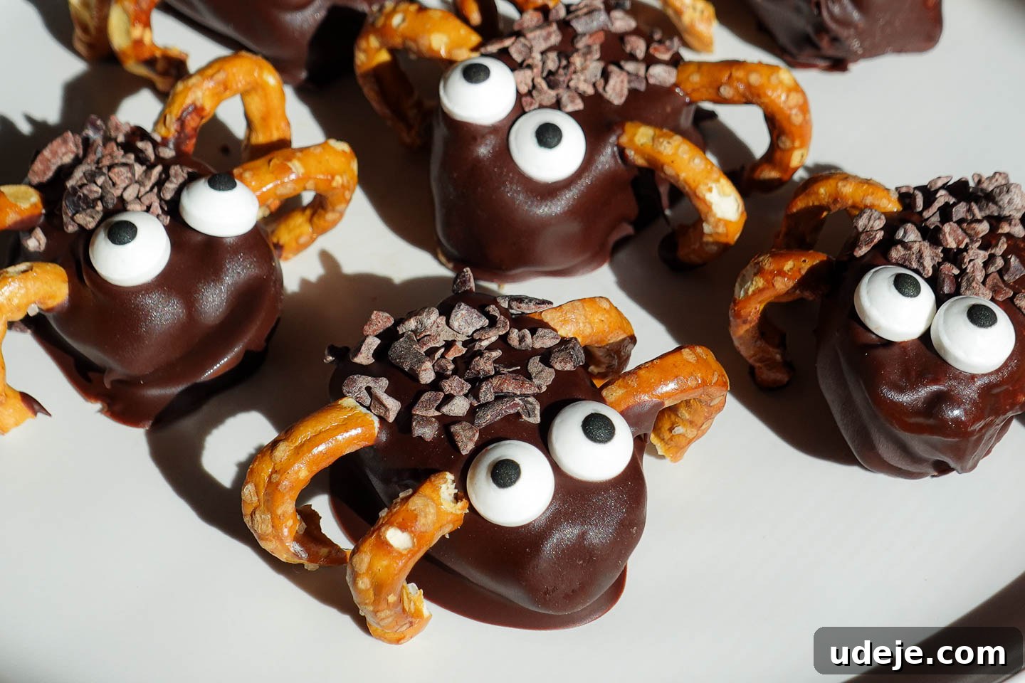 Spooky Stuffed Date Spiders 2 Stuffed date spiders decorated with candy eyes and pretzel legs. A healthy halloween treat!