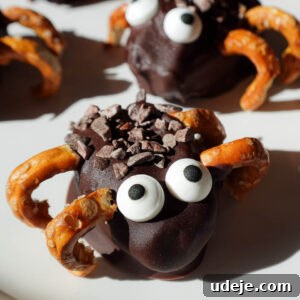 close up of stuffed date spiders decorated with candy eyes and pretzel legs. A healthy halloween treat!