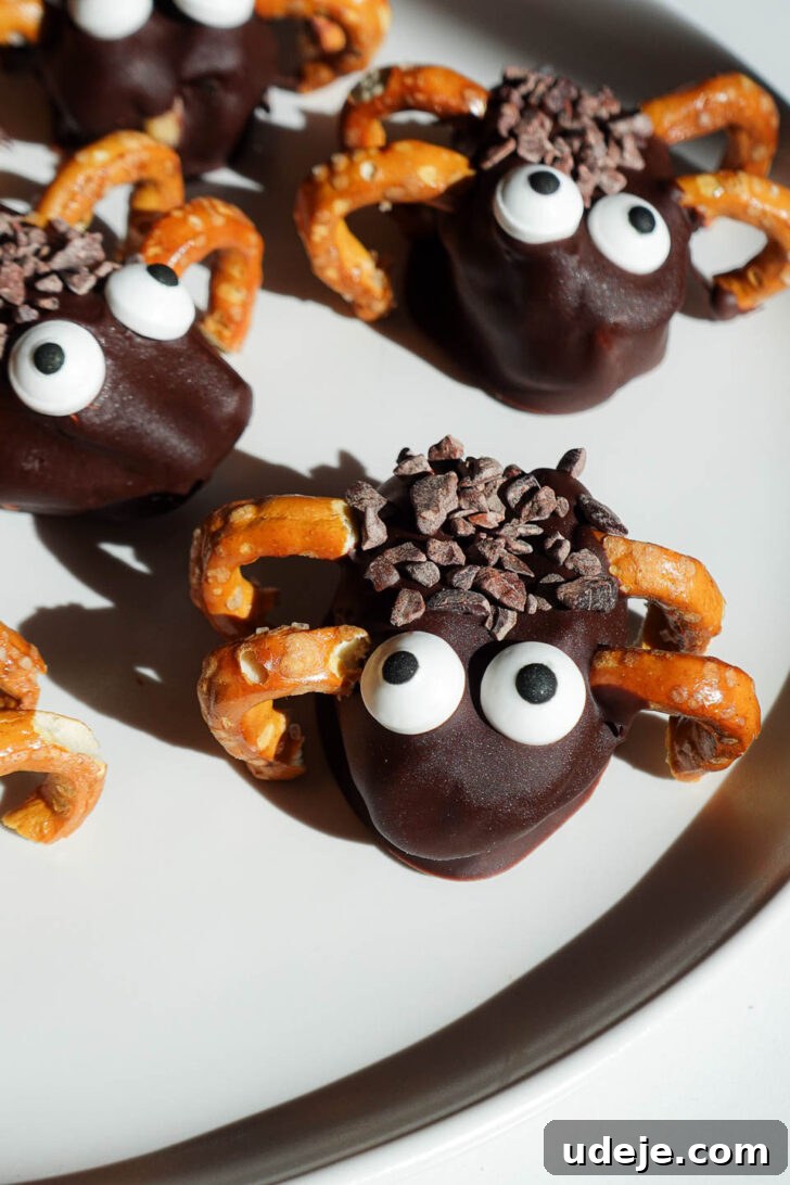 Spooky Stuffed Date Spiders 5 close up of stuffed date spiders decorated with candy eyes and pretzel legs. A healthy halloween treat!