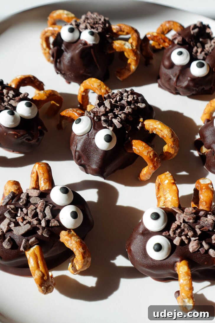 Spooky Stuffed Date Spiders 6 Stuffed date spiders decorated with candy eyes and pretzel legs. A healthy halloween treat!