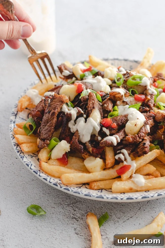 Shawarma Beef Poutine Twist 3 Beef shawarma poutine served in a plate with someone about to dig in using a fork