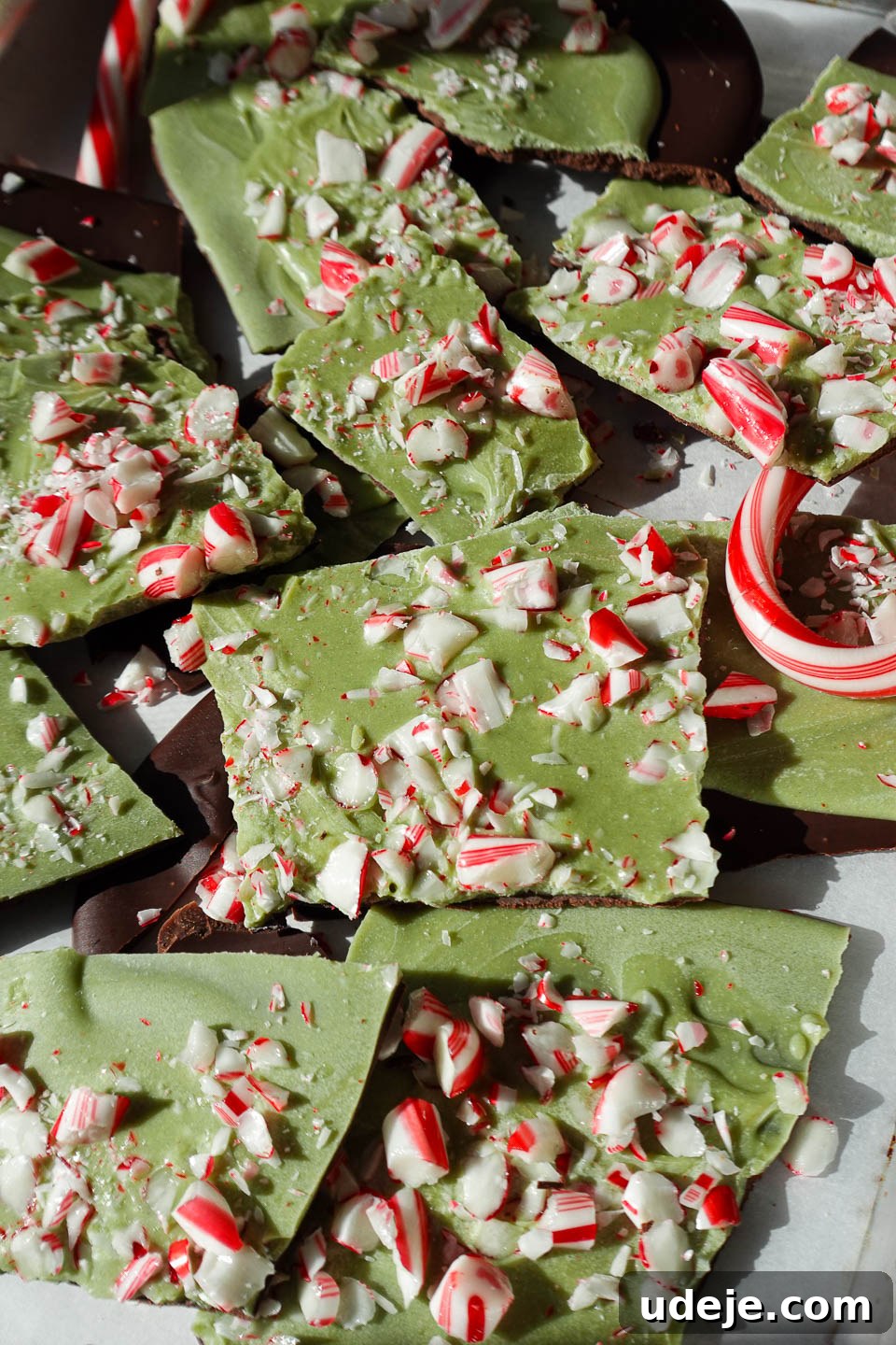 Zen Mint Bark 5 Vegan matcha peppermint bark broken into pieces with candy canes