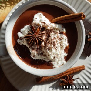 Overhead shot of vanilla chai hot chocolate topped with non-dairy whipped cream, a cinnamon stick, a star anise pod, and shaved chocolate, styled for a recipe card.
