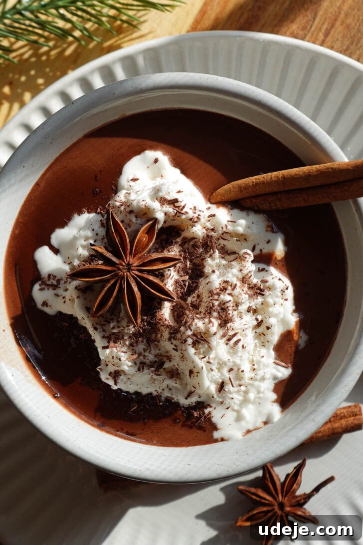 Velvet Vanilla Chai Hot Chocolate 5 Close-up overhead shot of vanilla chai hot chocolate, showcasing the rich chocolate and creamy whipped topping, adorned with spices.