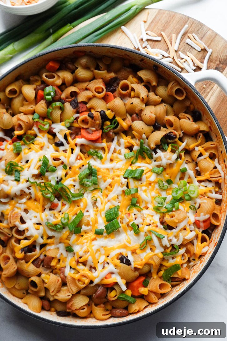 Plant-Based One-Pan Chili Mac and Cheese 4 vegan chili mac and cheese made in one-pot and topped with melted vegan cheese and scallions