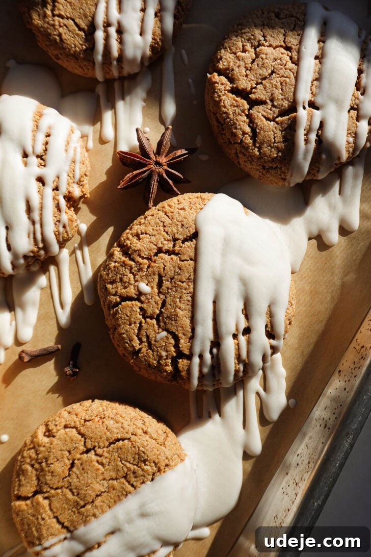 Irresistible Vegan Gluten-Free Gingerbread Chews 8 Another view of soft and chewy gingerbread cookies drizzled with vegan white chocolate.