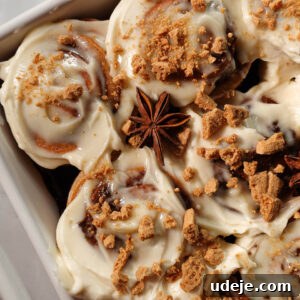 Close-up of gingerbread cinnamon rolls showing tight, defined swirls and creamy cream cheese frosting topped with crushed graham crackers and star anise pods