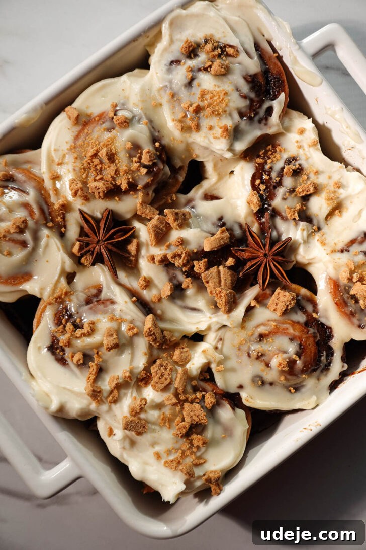 Cozy Vegan Gluten-Free Gingerbread Swirls 5 Vegan and gluten-free gingerbread cinnamon rolls with creamy dairy-free cream cheese frosting, topped with crushed graham crackers and star anise pods.