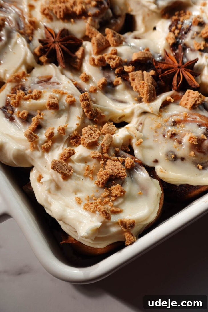 Cozy Vegan Gluten-Free Gingerbread Swirls 6 Close-up of gingerbread cinnamon rolls revealing tight, defined swirls and creamy cream cheese frosting, garnished with crushed graham crackers and star anise pods.