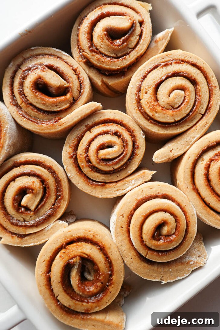 Cozy Vegan Gluten-Free Gingerbread Swirls 7 Unbaked gingerbread cinnamon rolls arranged in a square pan, showcasing their structured, defined swirls, ready for the oven.