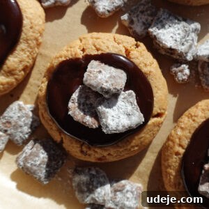 Close-up of a muddy buddy cookie with soft peanut butter cookie base and chocolate ganache