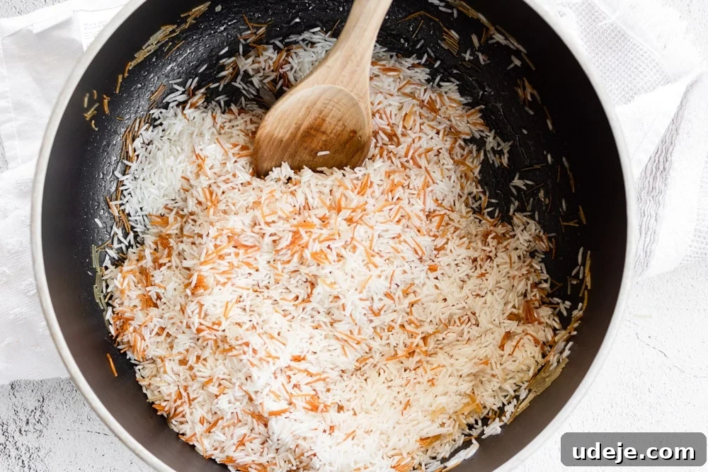 Middle Eastern Golden Vermicelli Rice 4 Toasted vermicelli noodles mixed with rinsed long-grain rice in a pot before water is added.