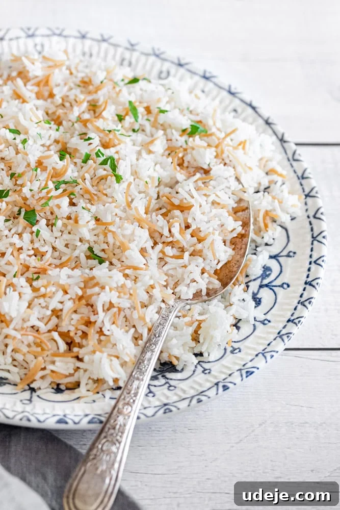 Middle Eastern Golden Vermicelli Rice 5 A generous serving of Arabic rice with vermicelli on a decorative plate, ready to be enjoyed.