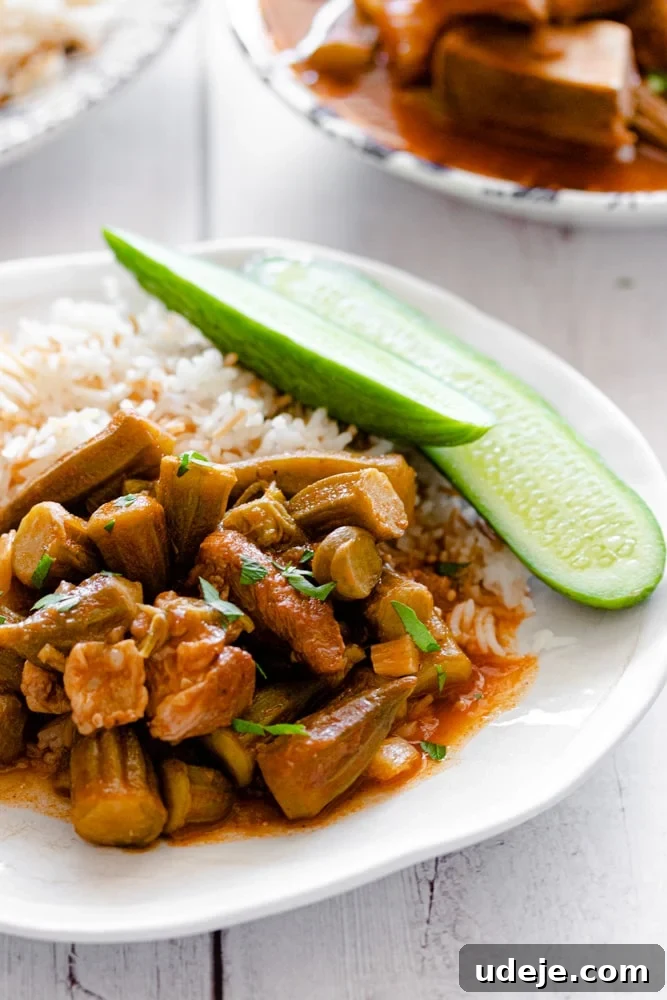Flavorful Middle Eastern Bamya Okra Stew 3 A white plate with a generous serving of Okra Stew (Bamya) featuring tender meat chunks in a rich tomato sauce, garnished with fresh chopped herbs and served alongside two slices of cucumber.