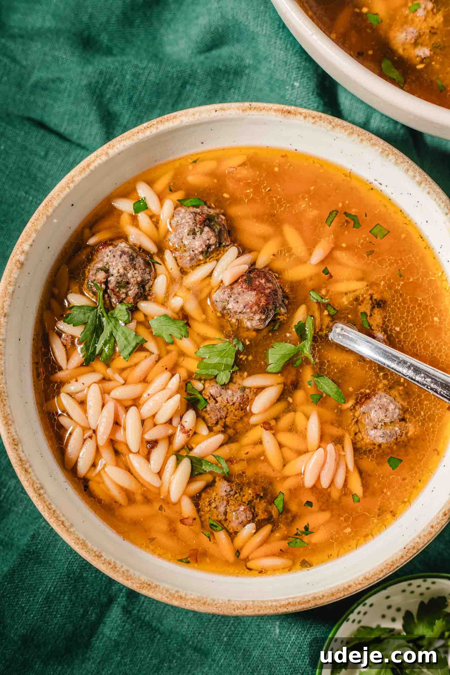 Kofta-Style Meatball Orzo Broth 2 A beautifully presented bowl of Brothy Meatball and Orzo Soup, featuring small, tender meatballs, delicate orzo pasta, and fresh parsley garnish. The clear, inviting broth fills the bowl, with a spoon resting inside, all placed on a textured green cloth.