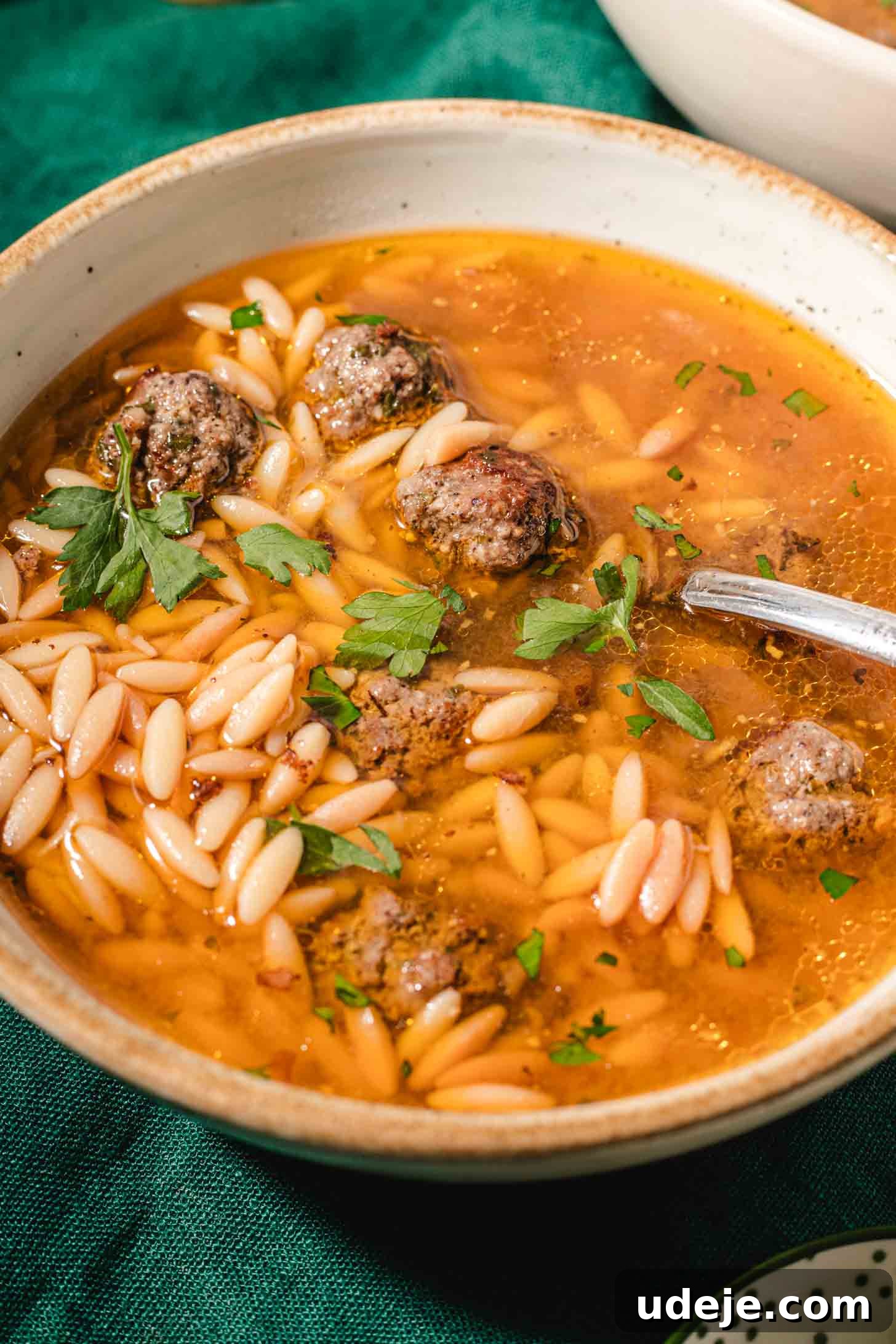 Kofta-Style Meatball Orzo Broth 6 A comforting bowl of Brothy Meatball and Orzo Soup, garnished with vibrant fresh parsley, sits invitingly on a green cloth. A spoon is placed in the golden, flavorful broth, showcasing the tender meatballs and orzo pasta.