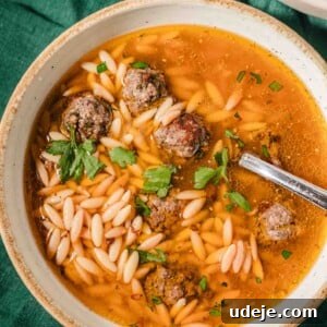 A bowl of soup with small meatballs, orzo pasta, and fresh parsley garnish sits on a green cloth with a spoon in the bowl. The broth is light and clear, showing the pasta and meatballs clearly.