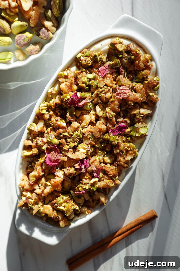 Baklava Bliss Overnight Oats 6 Baklava overnight oats topped with creamy vegan yogurt, pistachios, walnuts, and dried rose petals