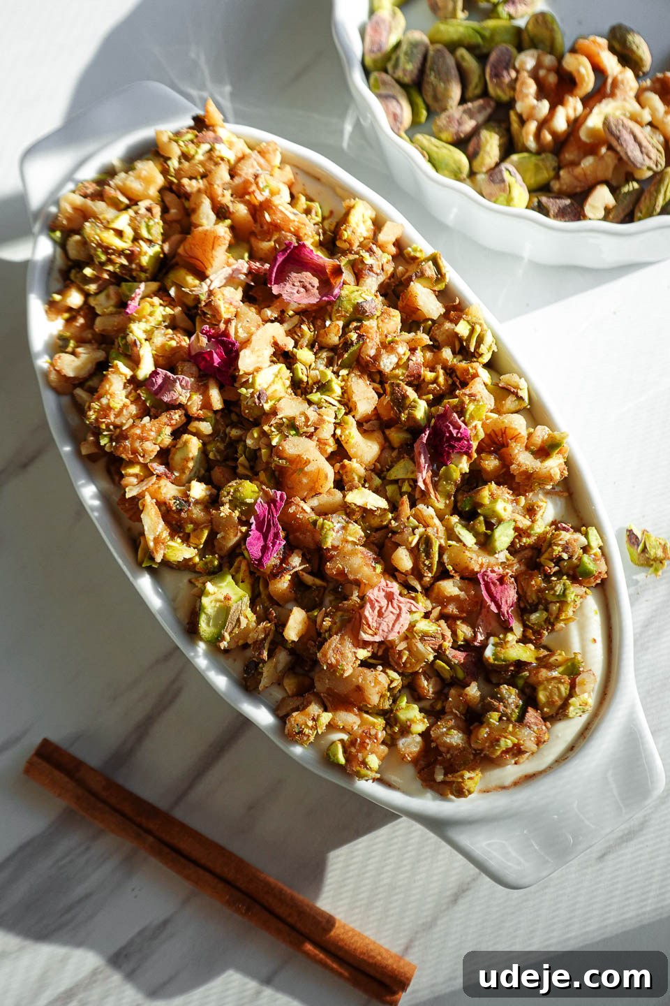 Baklava Bliss Overnight Oats 7 Baklava overnight oats topped with creamy vegan yogurt, pistachios, walnuts, and dried rose petals
