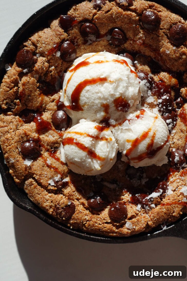 Gooey Skillet Chocolate Chip Cookie Perfection (Vegan and Gluten-Free) 6 Vegan chocolate chip cookie skillet baked in a cast iron skillet with visible melty chocolate and perfectly crispy edges.