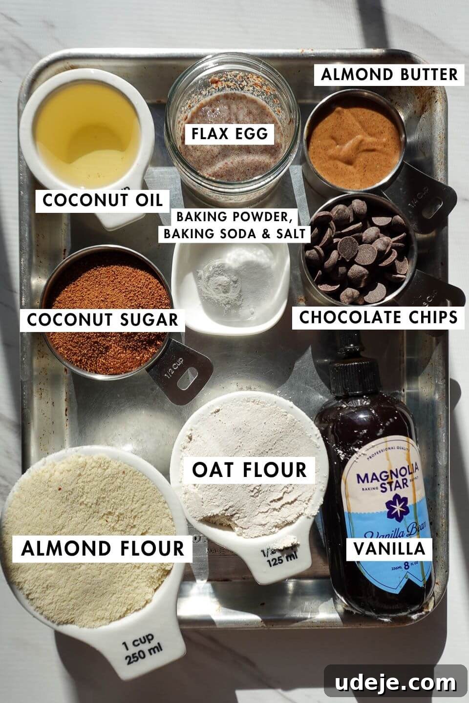 Gooey Skillet Chocolate Chip Cookie Perfection (Vegan and Gluten-Free) 7 Lay flat photo of all ingredients needed to make the vegan and gluten-free chocolate chip skillet cookie.