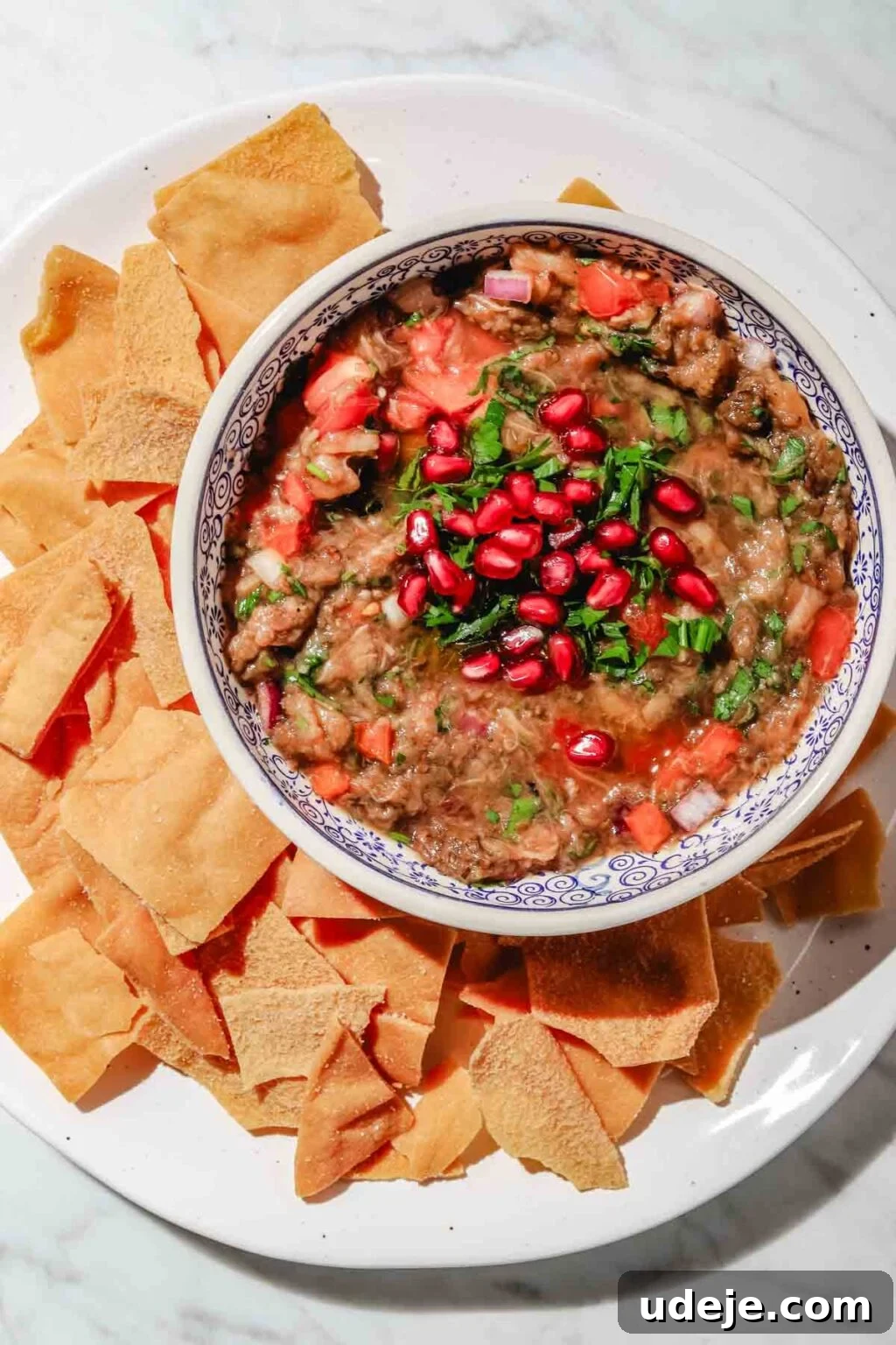 Charred Eggplant Baba Ghanoush 2 Authentic Baba Ghanoush, a vibrant and tangy eggplant dip, garnished with fresh pomegranate seeds and parsley, served in a beautiful blue and white patterned bowl surrounded by crispy pita chips on a white marble surface.