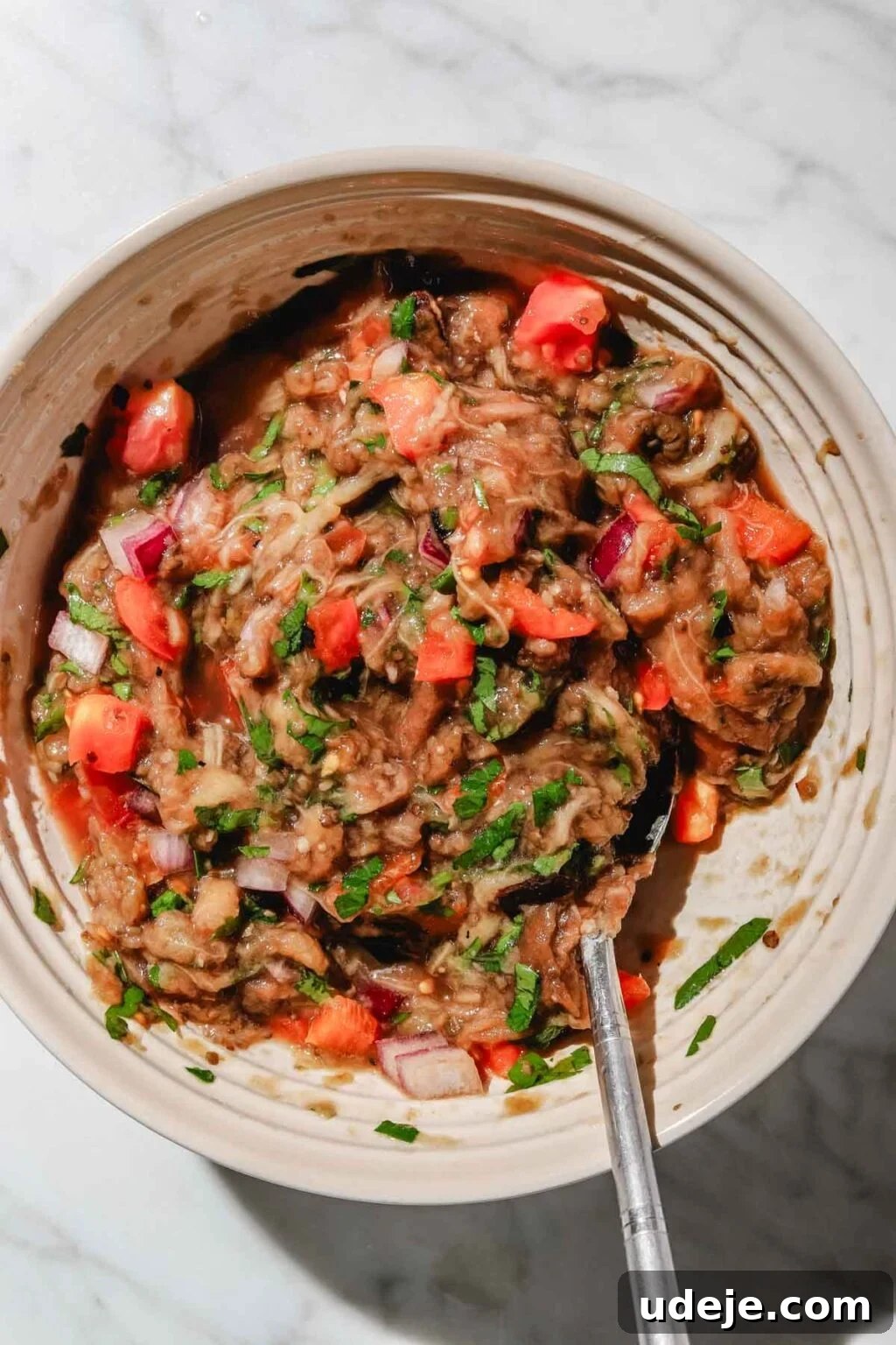 Charred Eggplant Baba Ghanoush 11 A small beige bowl of beautifully mixed eggplant dip, vibrant with parsley, garlic, red onions, red pepper, and tomatoes, with a spoon ready for serving, on a pristine light marble background.