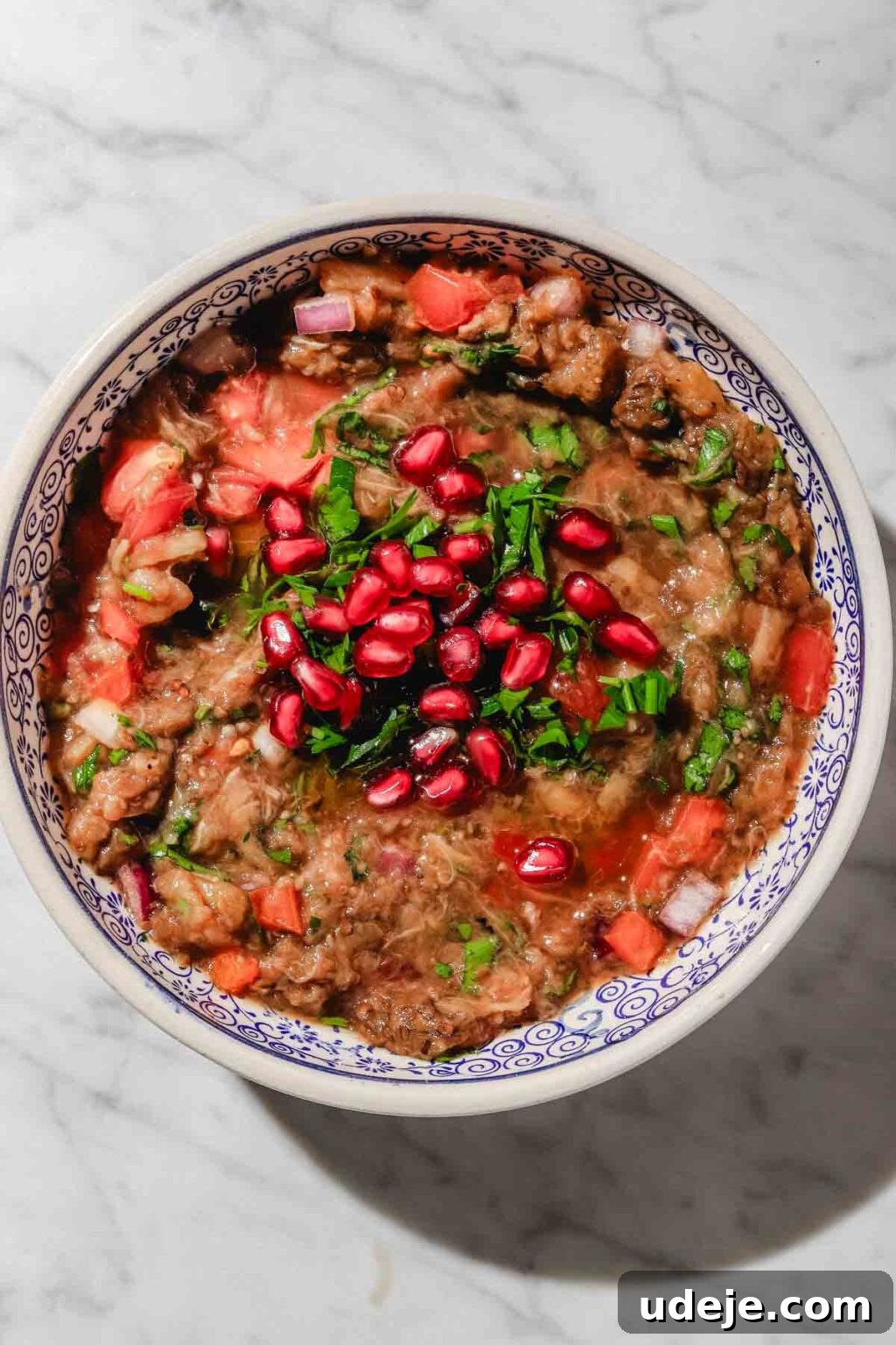 Charred Eggplant Baba Ghanoush 12 A stunning close-up of Baba Ghanoush, garnished with vibrant pomegranate seeds and fresh parsley, presented in a white and blue patterned bowl, resting elegantly on a light marble background, ready to be enjoyed.