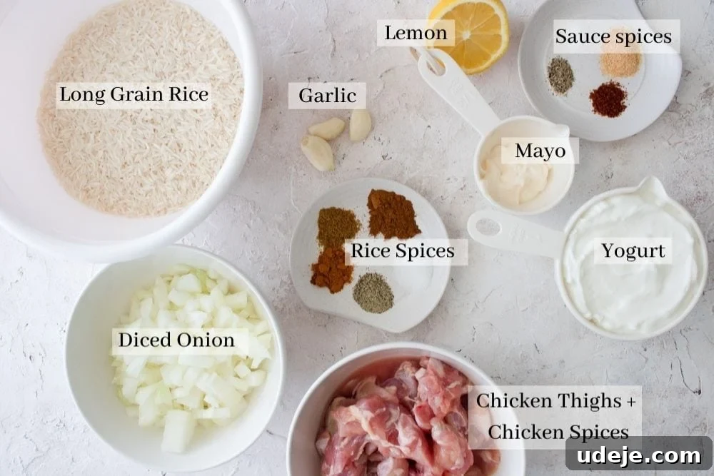One-Pot Shawarma Rice with Creamy Garlic Sauce 4 A flat lay showing all the necessary ingredients for shawarma rice: long-grain basmati rice, fresh garlic cloves, a diced onion, raw chicken thighs, a selection of aromatic rice spices, lemon juice, creamy mayonnaise, plain yogurt, and spices for the white sauce.