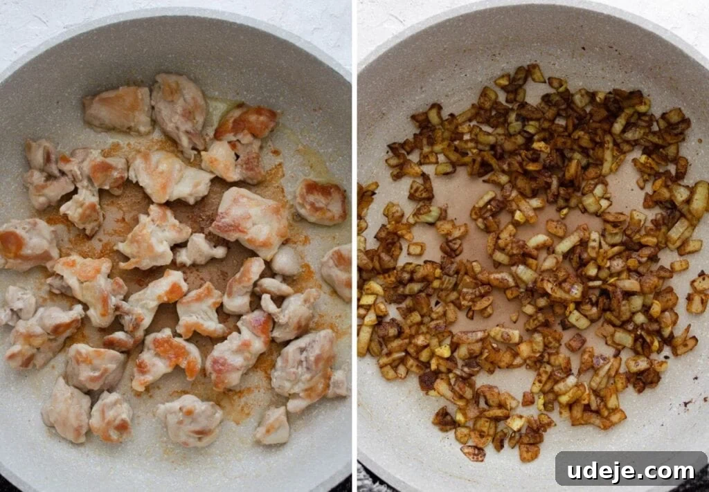 One-Pot Shawarma Rice with Creamy Garlic Sauce 5 Two side-by-side images illustrating cooking steps: one shows bite-sized chicken pieces searing to golden perfection in a pan, and the other depicts diced onions caramelizing until softened.