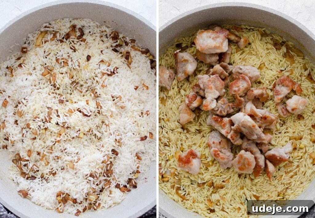 One-Pot Shawarma Rice with Creamy Garlic Sauce 6 A side-by-side photo shows two key steps: white basmati rice being added to a pan with sautéed aromatics, and small, seared chicken pieces being returned to the pan, ready to combine for the one-pot meal.