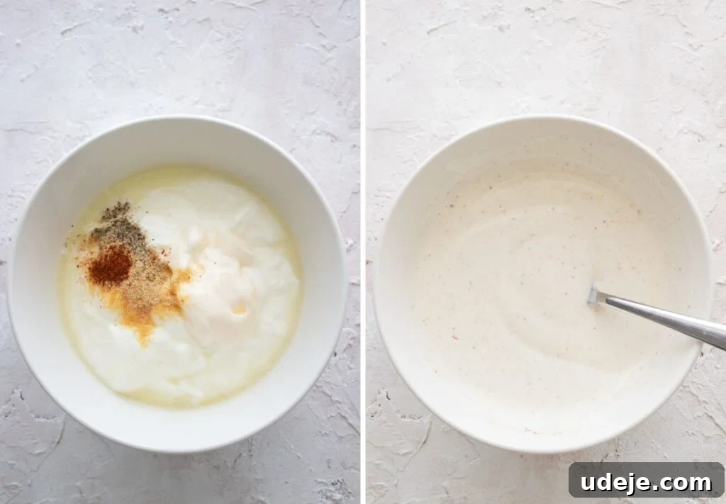 One-Pot Shawarma Rice with Creamy Garlic Sauce 7 A side-by-side photo sequence illustrating the simple steps to create a creamy white shawarma sauce, from combining ingredients to the final whisked consistency.