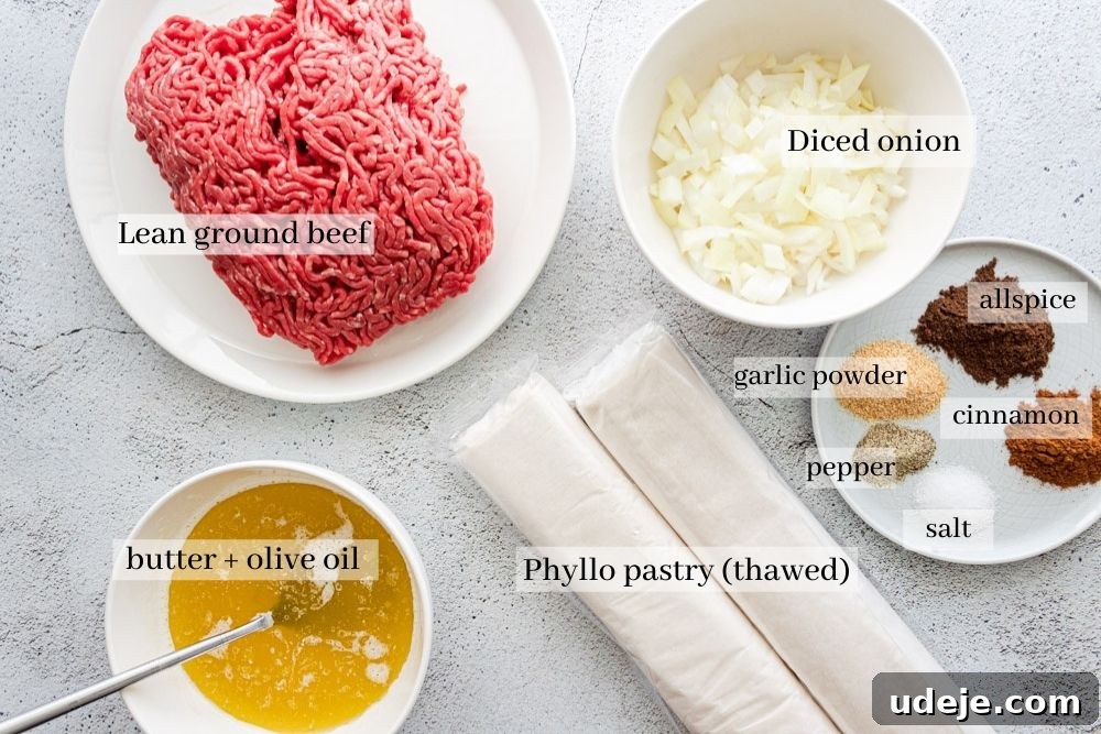 Pharaoh's Flaky Feast 3 Ingredients for phyllo meat pie which are lean ground beef, diced onion, phyllo pastry, butter and olive oil, allspice, cinnamon, garlic powder, salt, and pepper
