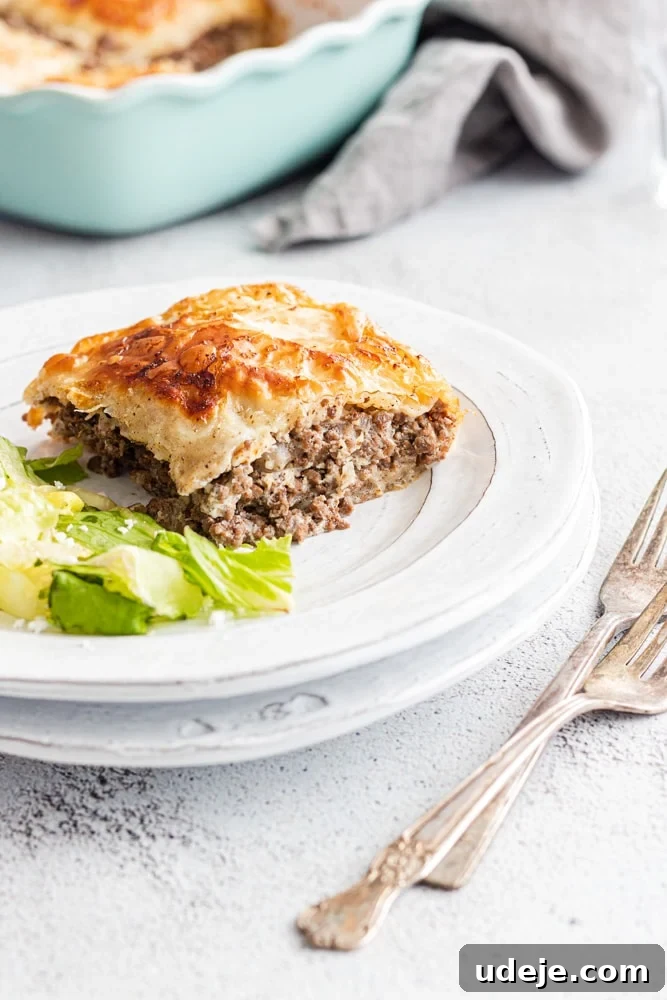 Pharaoh's Flaky Feast 6 Egyptian goulash meat pie served on a white plate with a green side salad