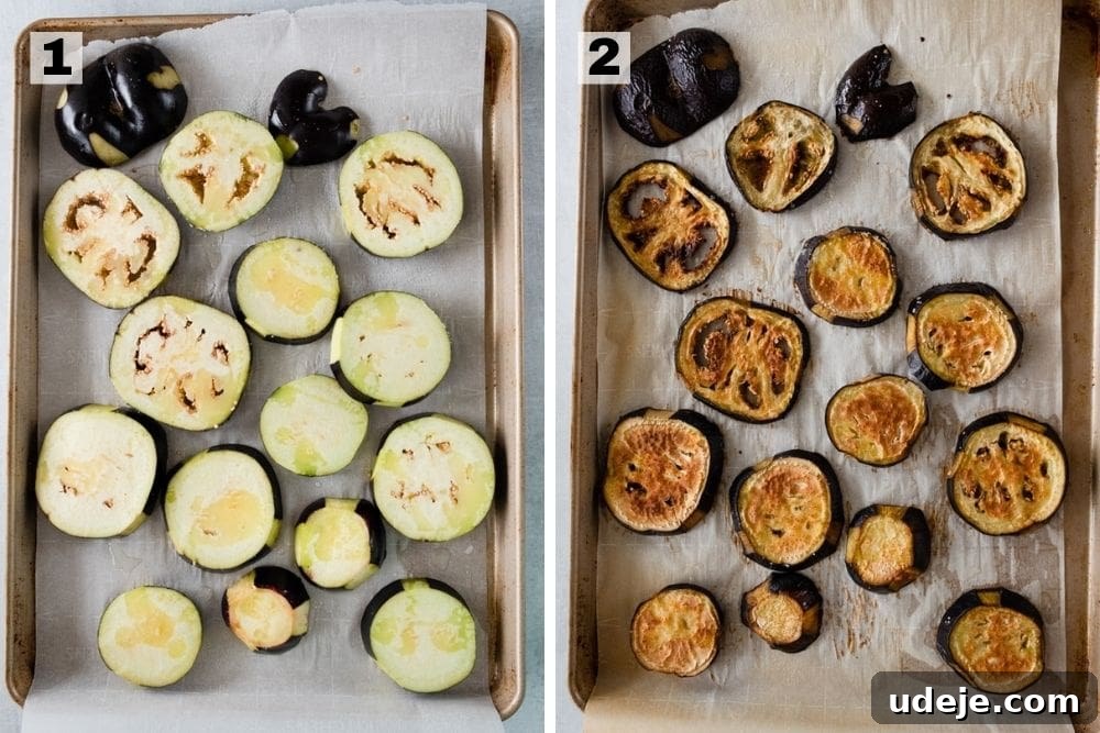 The Perfect Upside-Down Lamb Maqluba (Makloubeh) 5 Left: Raw eggplant slices on a baking sheet. Right: Roasted eggplant slices, golden brown and tender, on a baking sheet.