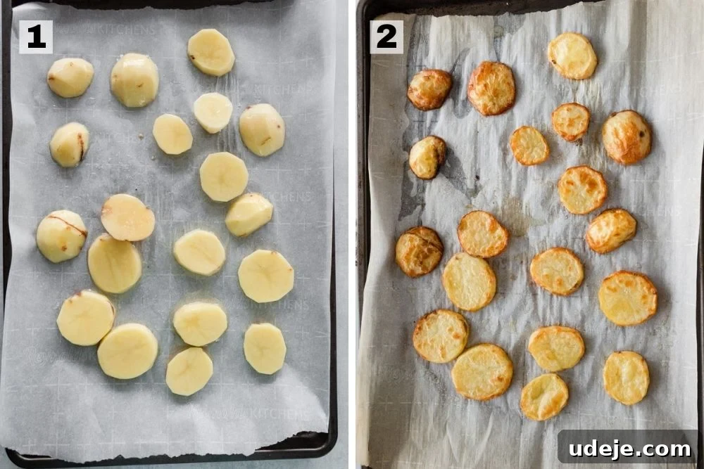 The Perfect Upside-Down Lamb Maqluba (Makloubeh) 6 Left: Raw potato slices on a baking sheet. Right: Roasted potato slices, lightly browned and soft, on a baking sheet.