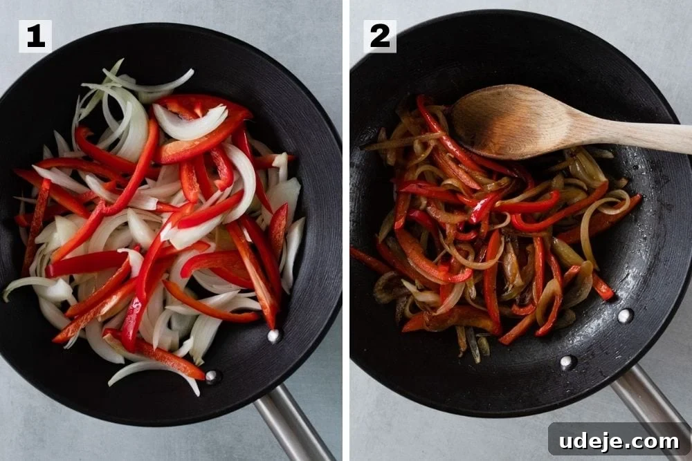 The Perfect Upside-Down Lamb Maqluba (Makloubeh) 7 Left: Raw onion and bell pepper slices in a black pan. Right: Sautéed onion and bell pepper slices, softened and slightly browned, in a black pan.