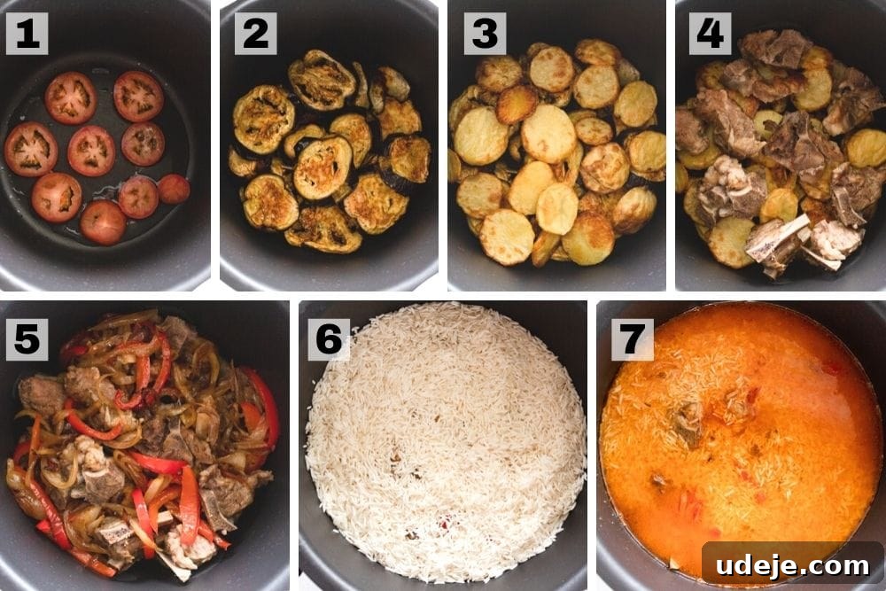 The Perfect Upside-Down Lamb Maqluba (Makloubeh) 9 A series of images demonstrating the Maqluba layering process: starting with tomatoes, then eggplant, potato, meat, onions and peppers, followed by rice, and finally pouring the rich stock over it all.