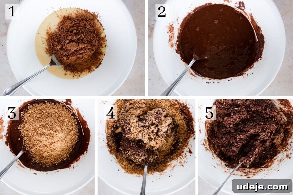 No-Bake Three-Ingredient Chocolate Cookie Bites 4 A visual guide to making chocolate biscuit balls: first image shows mixing condensed milk and cocoa powder, second image shows adding crushed biscuits, and third image displays the well-combined chocolate biscuit dough.