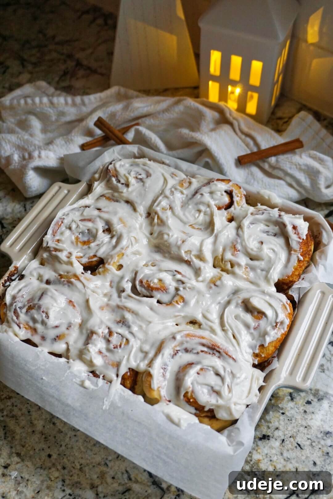 Heavenly Plant-Based Cinnamon Buns 6 Baking tray of soft, fluffy cinnamon rolls topped with vegan frosting