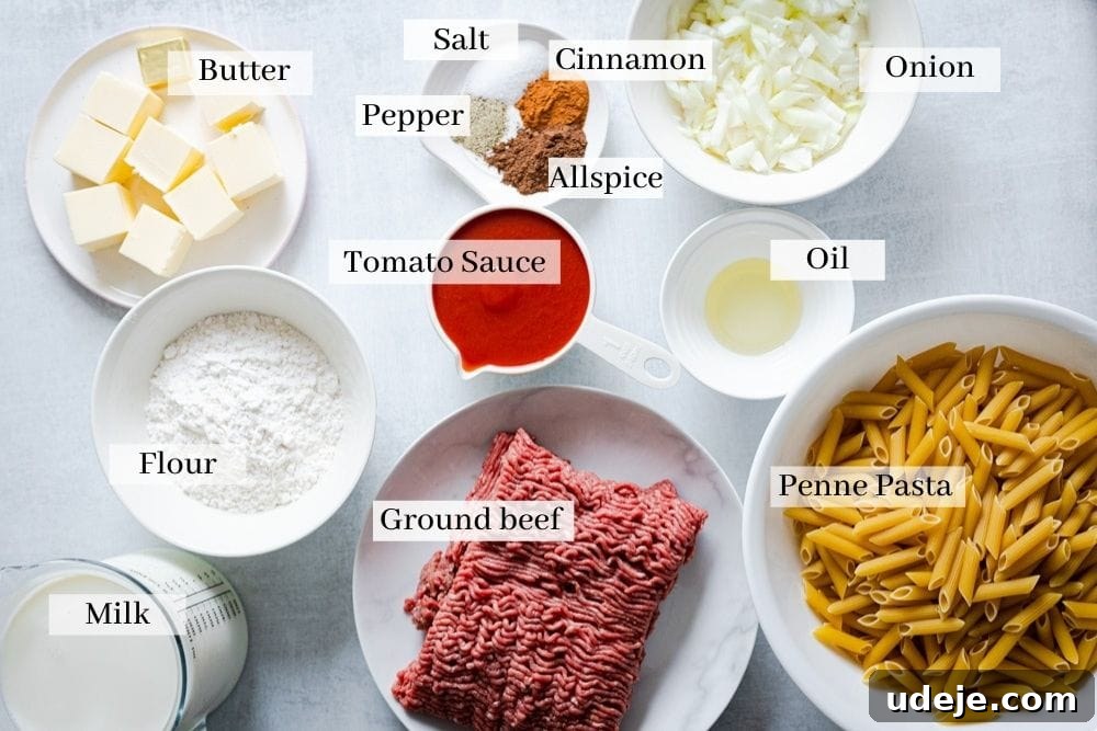 Creamy Bechamel Macaroni Bake 3 All the essential ingredients for Bechamel pasta bake laid out: butter, flour, milk, tomato sauce, ground beef, penne pasta, oil, onion, cinnamon, allspice, and pepper.