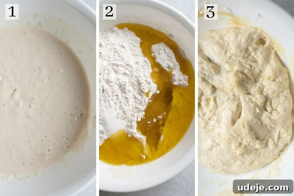 Cheesy Honeycomb Pull-Apart Bread 4 A three-panel collage demonstrating the 10-minute dough process: first, a bowl with a bubbly yeast starter; second, flour, oil, and salt being added to the mixture; and third, the soft, sticky dough after kneading in a white bowl.