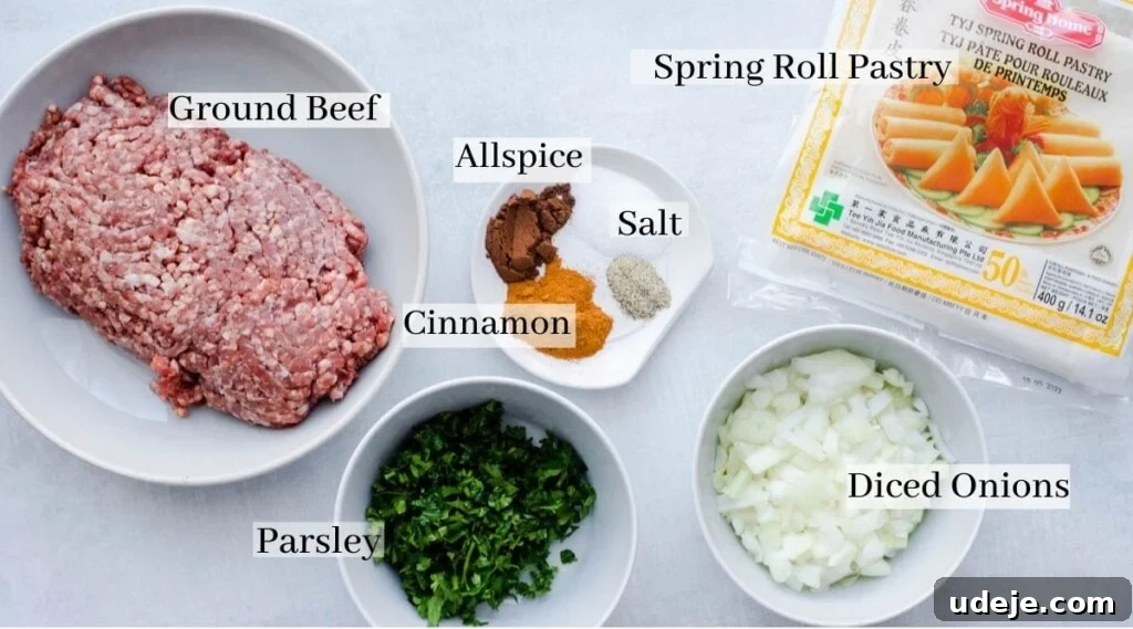 Your Guide to Authentic Homemade Sambousek 3 Ingredients for sambousak (spring rolls) are laid out on a white surface: ground beef, diced onions, chopped parsley, allspice, cinnamon, salt, and a package of spring roll pastry. Each item is labeled for this easy sambousak recipe.